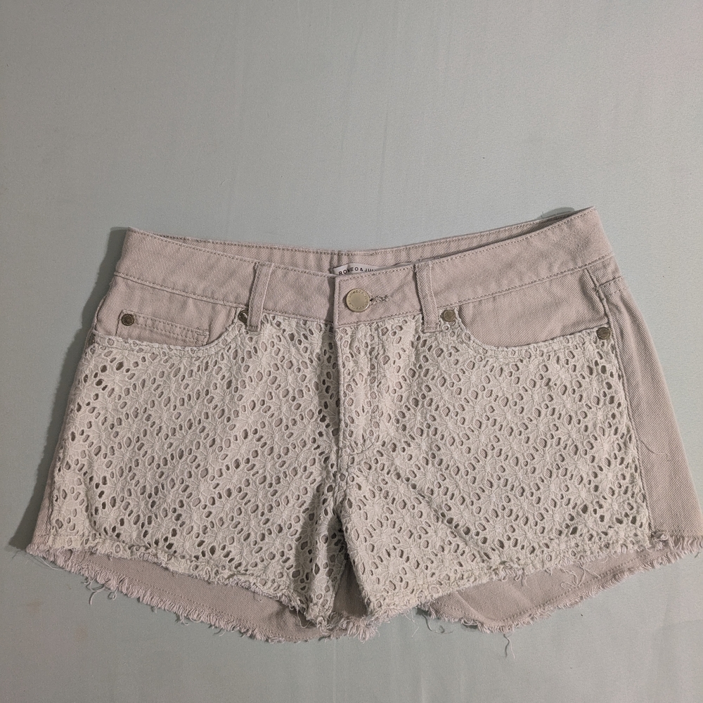Romeo & Juliet Couture Gray and White Jean Shorts with Distressed Hem